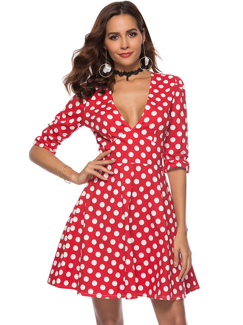 Date Night A-line V-neck Polka Dot Print Mini Dresses (Style V200713)