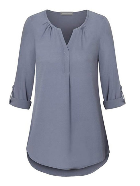 V-neck Loose Casual Plain Button T Shirt (Style V200796)