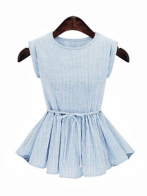 Round Neck Loose Elegant Striped Cotton Blouse (Style V200831)