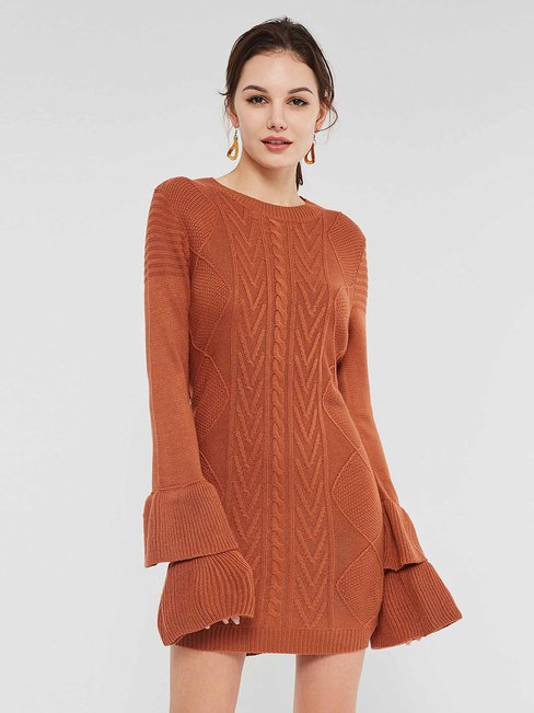 Casual Bodycon Round Neck Plain Ruffle Casual Dresses (Style V200885)