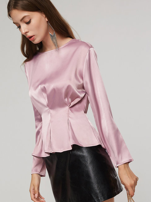 Round Neck Standard Slim Polyester Ruffle Blouse (Style V200922)