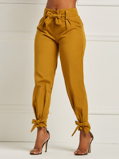 Brown Maxi Slim Casual Bow Plain Casual Pants (Style V200943) - VEDACHIC