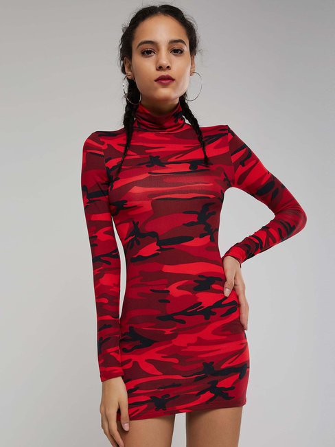 Western Bodycon Turtleneck Camouflage Print Bodycon Dresses (Style V200952)