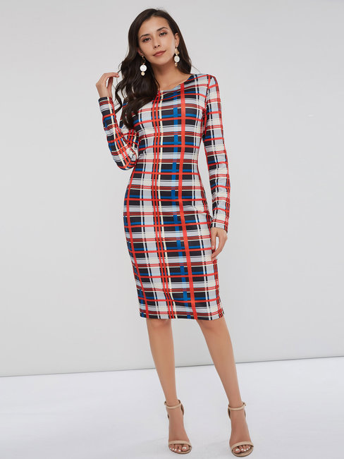 Bodycon Round Neck Plaid Print Polyester Knee Length Dresses (Style V200993)