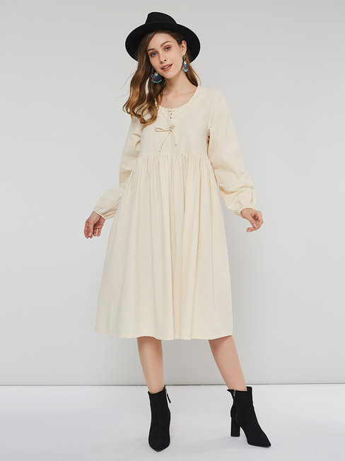 Country A-line Plain Ruffle Cotton Casual Dresses (Style V201039)