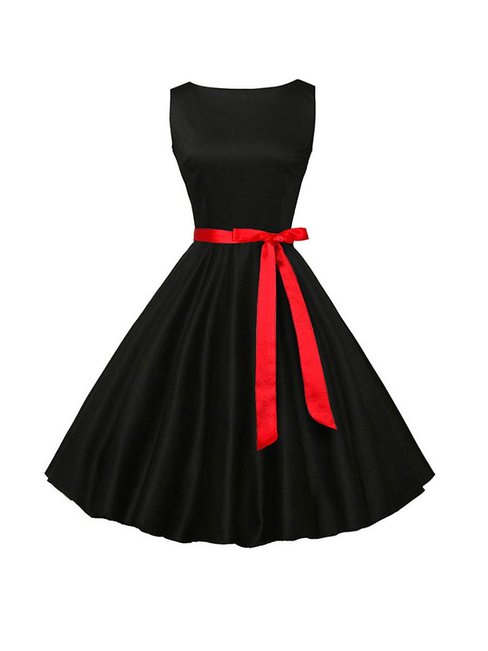 Western Expansion Round Neck Plain Polyester Midi Dresses (Style V201068)