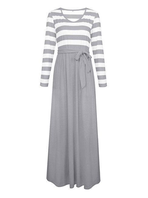Casual A-line V-neck Striped Patchwork Casual Dresses (Style V201108)
