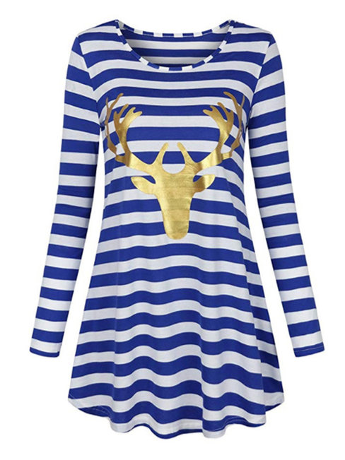 Casual Trumpet Round Neck Striped Print Casual Dresses (Style V201115)