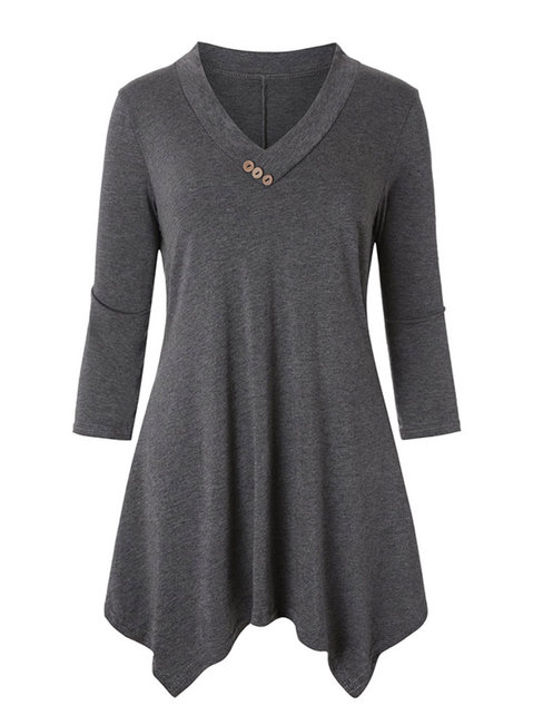 V-neck Midi Loose Casual Plain T Shirt (Style V201119)