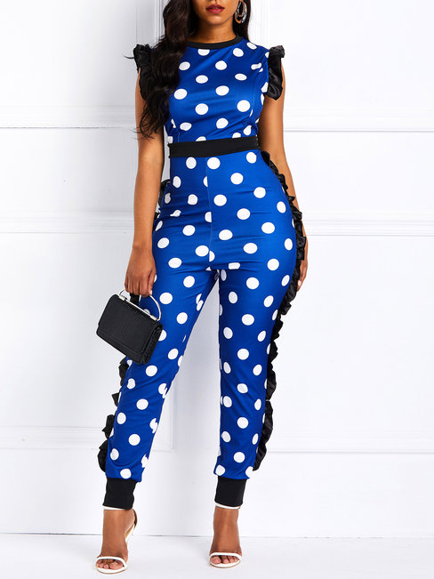 Maxi Slim Polka Dot Polyester Pattern Jumpsuit (Style V201140)
