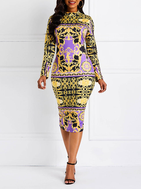Elegant Bodycon Color Block Print Milk Fiber Bodycon Dresses (Style V201154)