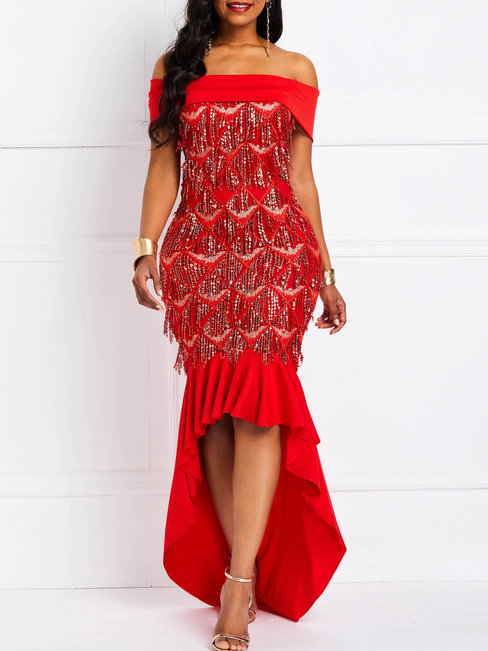 Elegant Off The Shoulder Plain Asymmetrical Polyester Maxi Dresses (Style V201235)