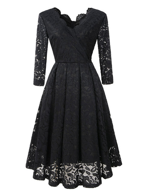 Elegant Expansion V-neck Lace Lace Midi Dresses (Style V201240)