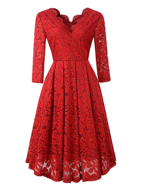 Elegant Expansion V-neck Lace Lace Midi Dresses (Style V201240)