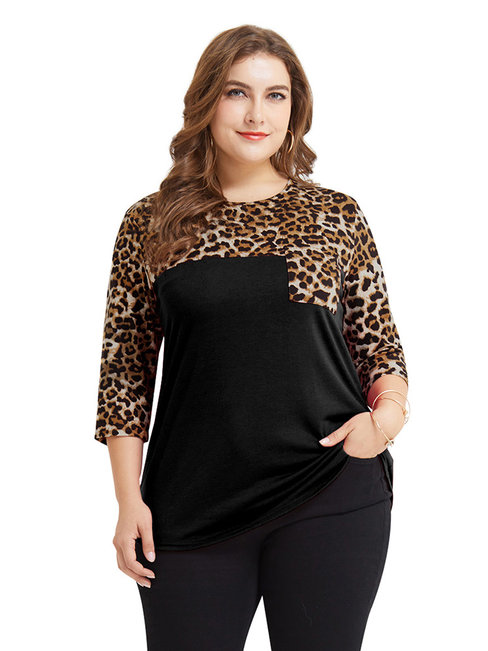 Midi Slim Casual Leopard Patchwork T Shirt (Style V201259)