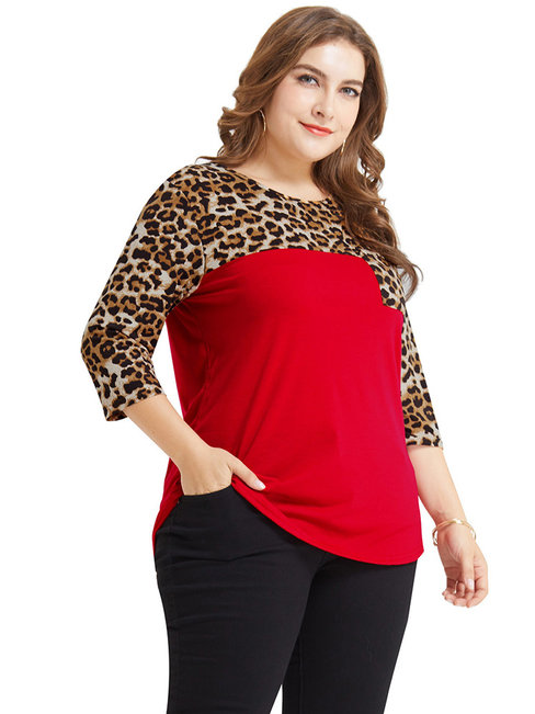 Midi Slim Casual Leopard Patchwork T Shirt (Style V201259)