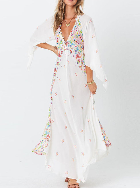 Travel Look Expansion V-neck Print Polyester Maxi Dresses (Style V201290)