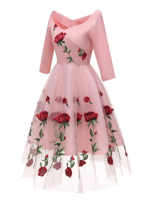 Pink Party Trumpet Floral Patchwork Polyester Knee Length Dresses ...