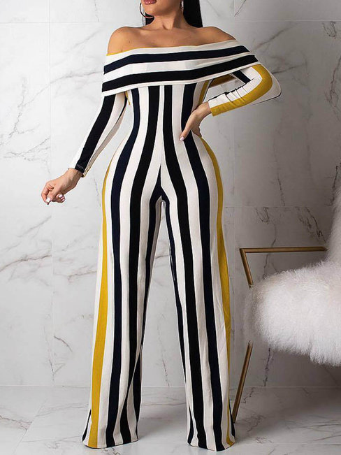 Maxi Slim Casual Striped Polyester Jumpsuit (Style V201320)
