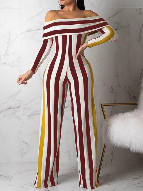 Maxi Slim Casual Striped Polyester Jumpsuit (Style V201320)