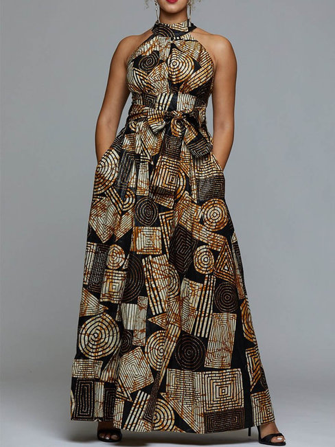 Elegant Expansion Stand Collar Color Block Print Maxi Dresses (Style V201326)