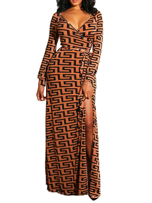 Date Night A-line V-neck Print Polyester Maxi Dresses (Style V201331)