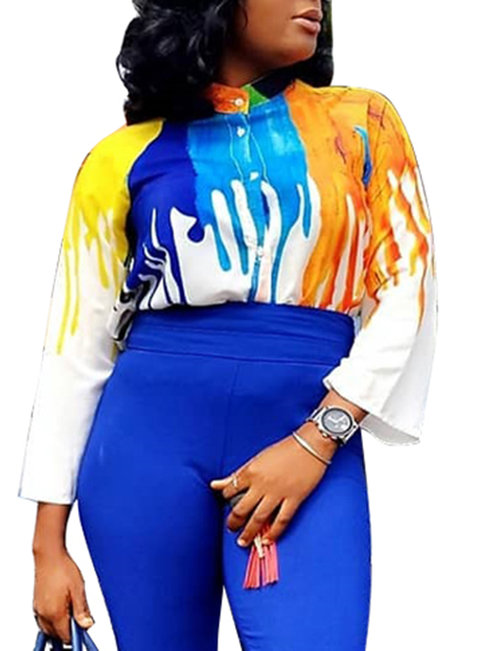 Stand Collar Loose Casual Polyester Pattern Blouse (Style V201335)