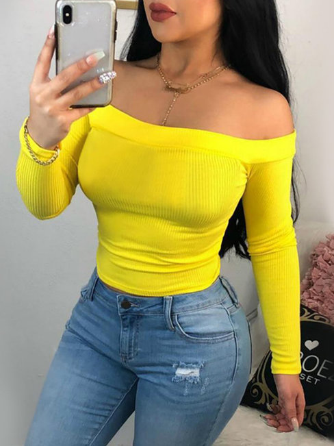 Off The Shoulder Standard Slim Sexy Plain T Shirt (Style V201361)