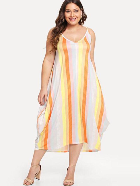 Sexy Expansion Striped Print Polyester Midi Dresses (Style V201384)