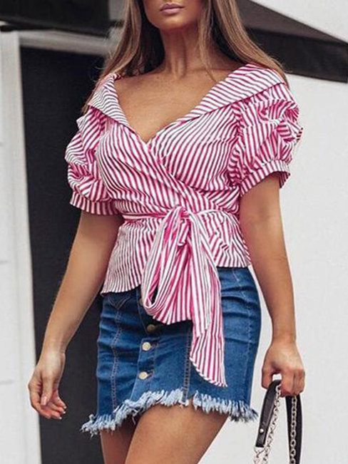 V-neck Standard Slim Polyester Strappy Blouse (Style V201405)