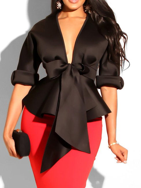 V-neck Western Plain Polyester Asymmetrical Blouse (Style V201410)