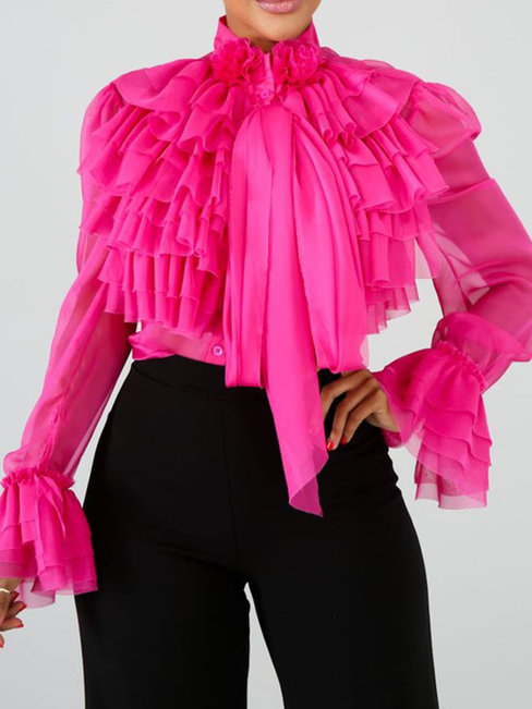Standard Slim Western Polyester Cascading Ruffle Blouse (Style V201438)
