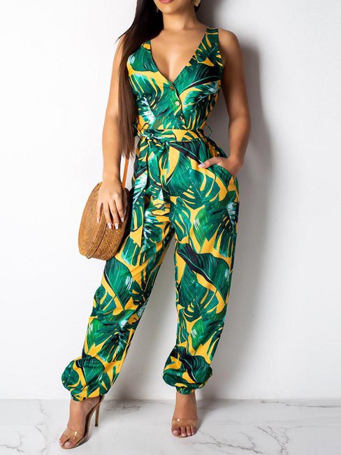 Maxi Loose Travel Look Plants Milk Fiber Jumpsuit (Style V201494)