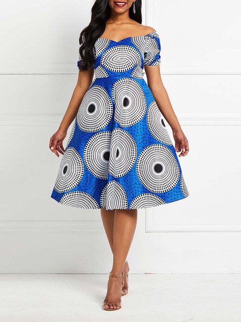 Western Off The Shoulder Geometric Print Satin Midi Dresses (Style V201541)