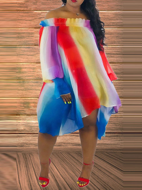 Casual Asymmetrical Color Block Asymmetrical Polyester Knee Length Dresses (Style V201547)