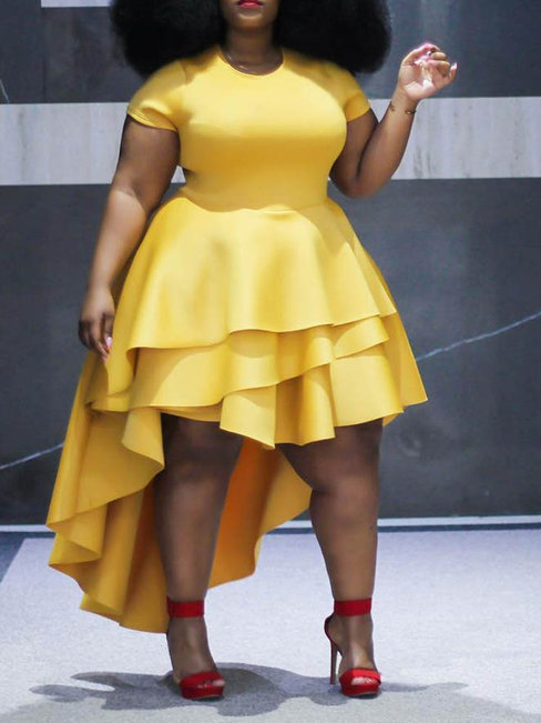 Western Asymmetrical Round Neck Plain Asymmetrical Maxi Dresses (Style V201553)