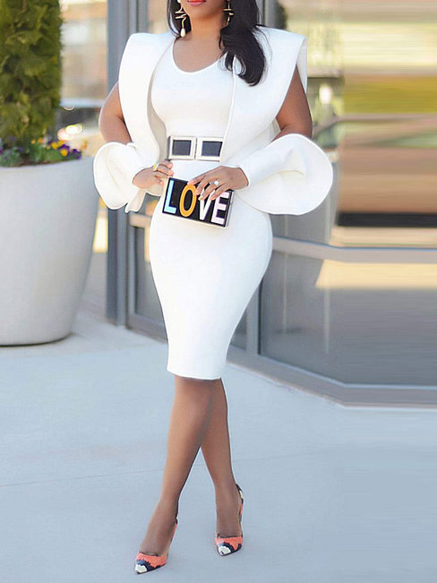 Western Bodycon Round Neck Plain Patchwork Knee Length Dresses (Style V201557)