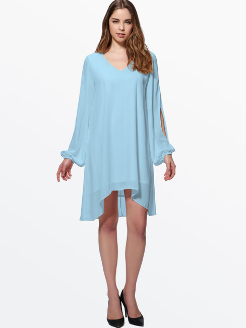 Asymmetrical V-neck Plain Hollow Out Cotton Blends Mini Dresses (Style V201574)