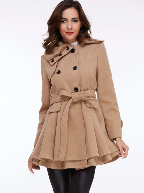 Shawl Collar Midi Plain Wool Blends Belt Coat (Style V201593)