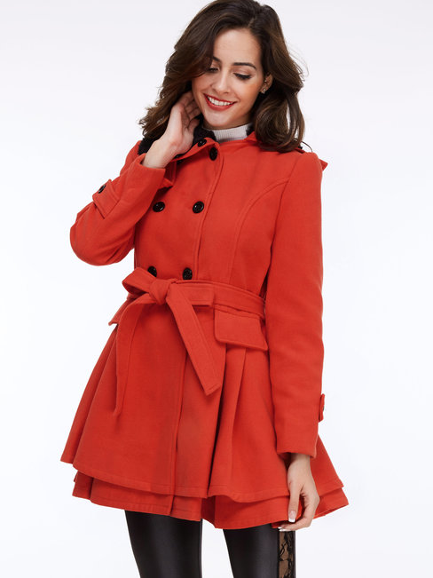 Shawl Collar Midi Plain Wool Blends Belt Coat (Style V201593)