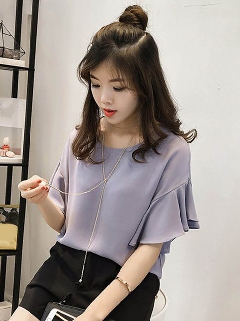 Round Neck Standard Loose Ladylike Plain Blouse (Style V201621)