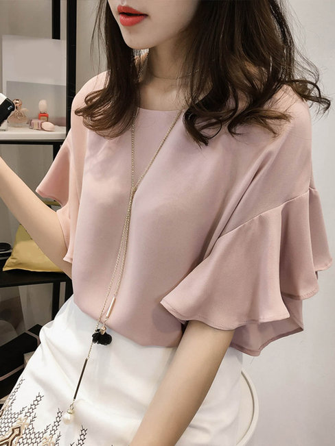 Round Neck Standard Loose Ladylike Plain Blouse (Style V201621)