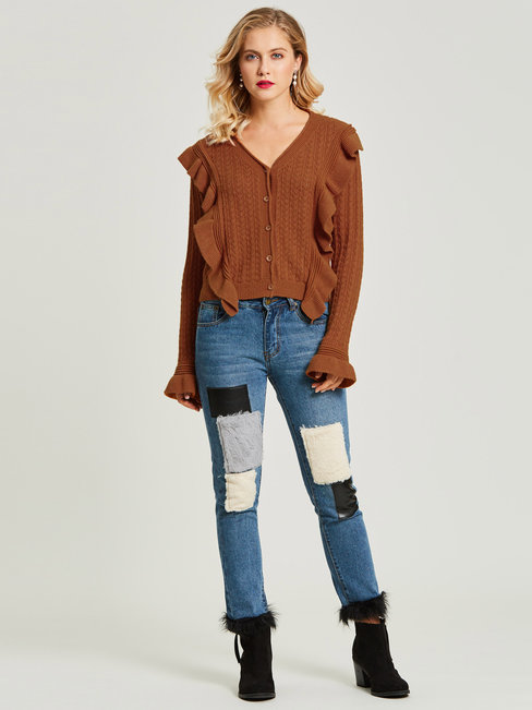 V-neck Short Plain Acrylic Patchwork Sweater (Style V201692)