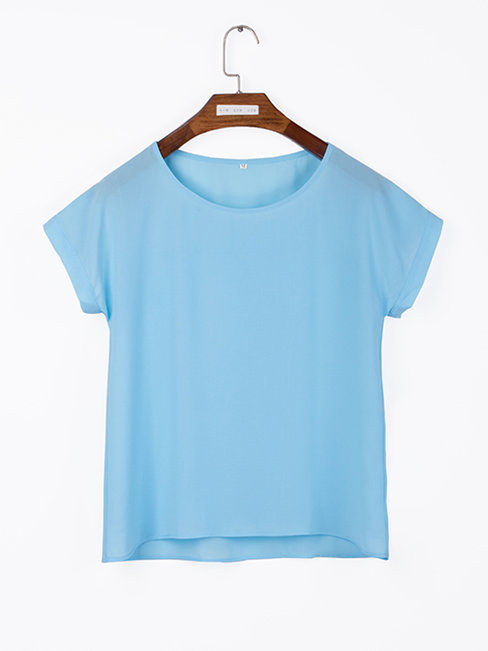 Round Neck Short Slim Plain Chiffon Blouse (Style V201747)