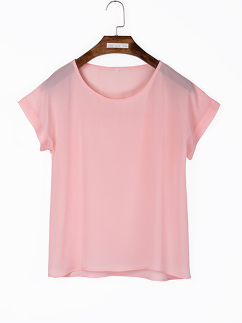 Round Neck Short Slim Plain Chiffon Blouse (Style V201747)