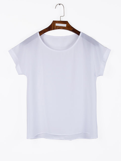 Round Neck Short Slim Plain Chiffon Blouse (Style V201747)