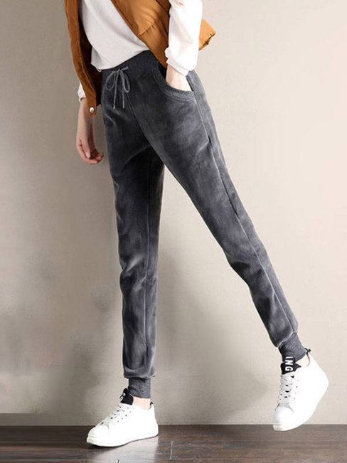 Ankle Length Slim Pockets Velvet Plain Pants (Style V201816)