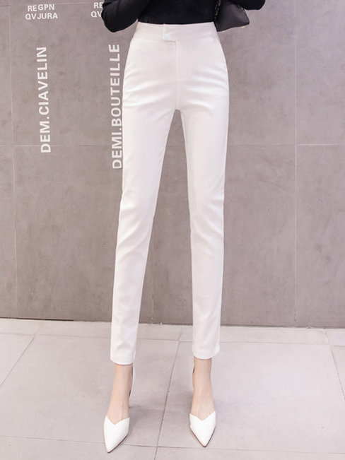 Ankle Length Skinny Button Polyester Plain Pants (Style V201824)