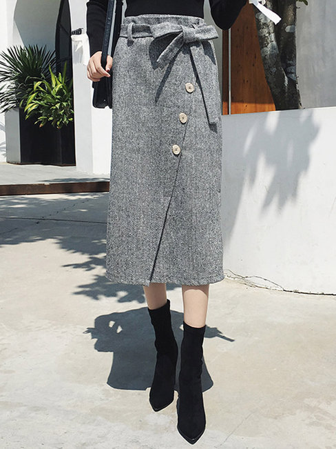 Mid-Calf Loose Elegant Belt Plain Skirt (Style V201839)