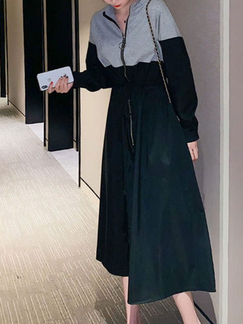 Modest Tunic Patchwork Patchwork Cotton Blends Casual Dresses (Style V201847)